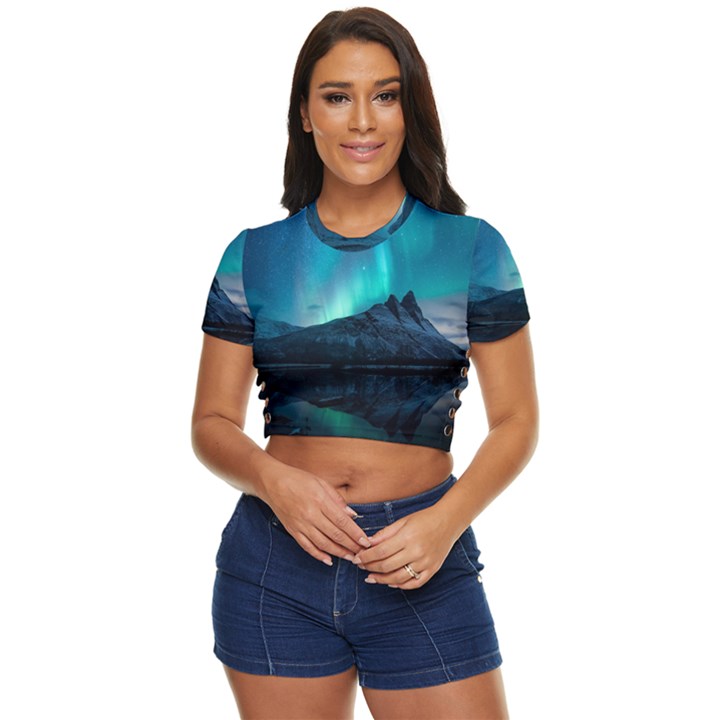 Aurora Borealis Mountain Reflection Side Button Cropped T-Shirt