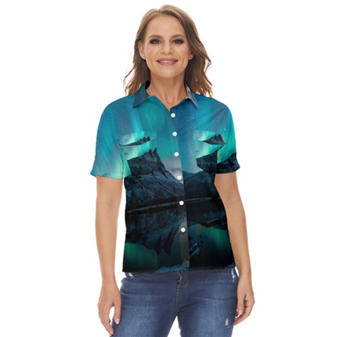 Aurora Borealis Mountain Reflection Women s Short Sleeve Double Pocket Shirt by Grandong