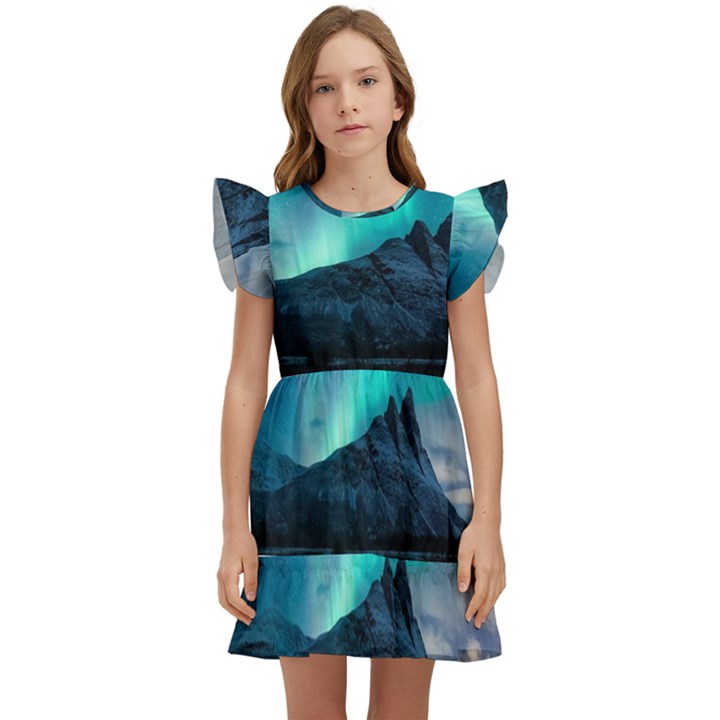 Aurora Borealis Mountain Reflection Kids  Winged Sleeve Dress