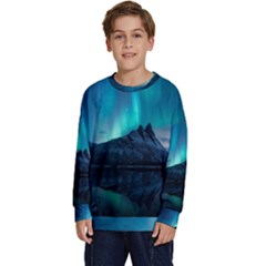 Aurora Borealis Mountain Reflection Kids  Crewneck Sweatshirt by Grandong