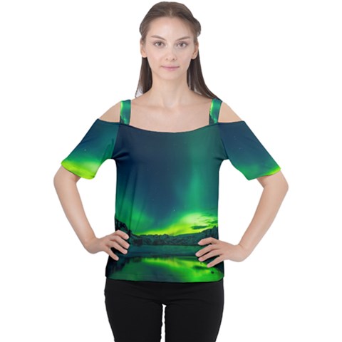 Iceland Aurora Borealis Cutout Shoulder T-shirt by Grandong