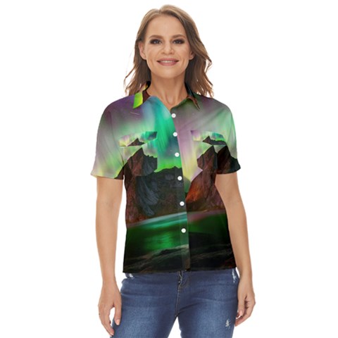 Aurora Borealis Nature Sky Light Women s Short Sleeve Double Pocket Shirt by Grandong