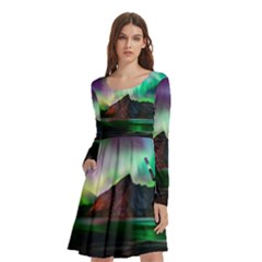 Aurora Borealis Nature Sky Light Long Sleeve Knee Length Skater Dress With Pockets