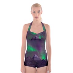 Aurora Northern Lights Phenomenon Atmosphere Sky Boyleg Halter Swimsuit  by Grandong