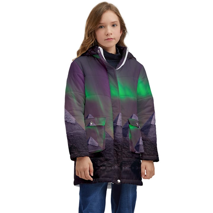 Aurora Northern Lights Phenomenon Atmosphere Sky Kids  Hooded Longline Puffer Jacket