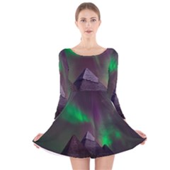 Aurora Stars Sky Mountains Snow Aurora Borealis Long Sleeve Velvet Skater Dress by Grandong