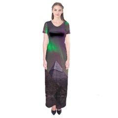 Aurora Stars Sky Mountains Snow Aurora Borealis Short Sleeve Maxi Dress