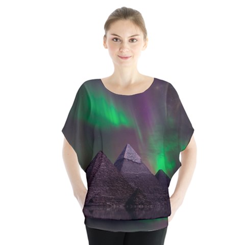 Aurora Stars Sky Mountains Snow Aurora Borealis Batwing Chiffon Blouse by Grandong