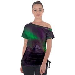 Aurora Stars Sky Mountains Snow Aurora Borealis Off Shoulder Tie-up T-shirt