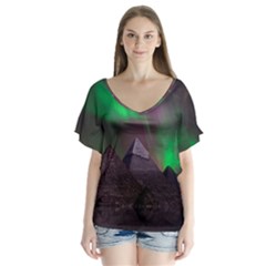 Aurora Stars Sky Mountains Snow Aurora Borealis V-neck Flutter Sleeve Top