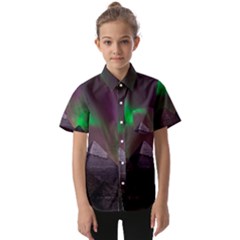 Aurora Stars Sky Mountains Snow Aurora Borealis Kids  Short Sleeve Shirt by Grandong