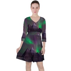 Aurora Stars Sky Mountains Snow Aurora Borealis Quarter Sleeve Ruffle Waist Dress by Grandong