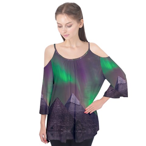 Aurora Northern Lights Celestial Magical Astronomy Flutter Sleeve T-shirt  by Grandong