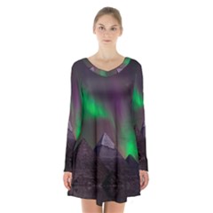 Aurora Northern Lights Celestial Magical Astronomy Long Sleeve Velvet V-neck Dress