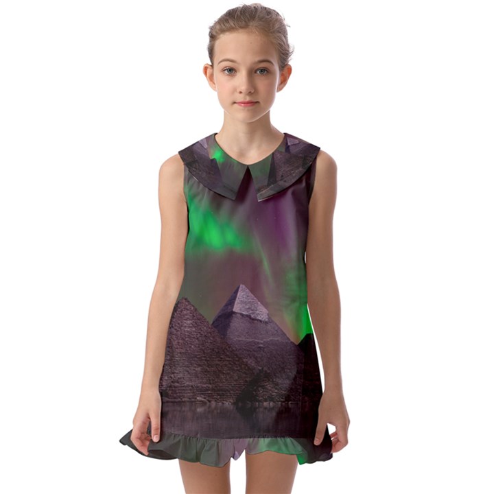 Aurora Northern Lights Phenomenon Atmosphere Sky Kids  Pilgrim Collar Ruffle Hem Dress