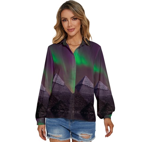 Aurora Northern Lights Phenomenon Atmosphere Sky Women s Long Sleeve Button Up Shirt by Grandong