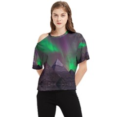 Aurora Stars Sky Mountains Snow Aurora Borealis One Shoulder Cut Out T-shirt by Grandong