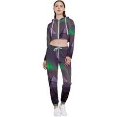 Aurora Stars Sky Mountains Snow Aurora Borealis Cropped Zip Up Lounge Set by Grandong