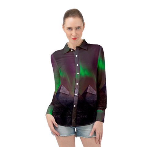 Aurora Northern Lights Celestial Magical Astronomy Long Sleeve Chiffon Shirt by Grandong