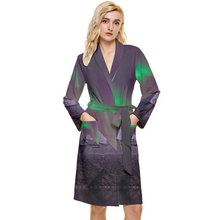 Aurora Stars Sky Mountains Snow Aurora Borealis Long Sleeve Velvet Robe