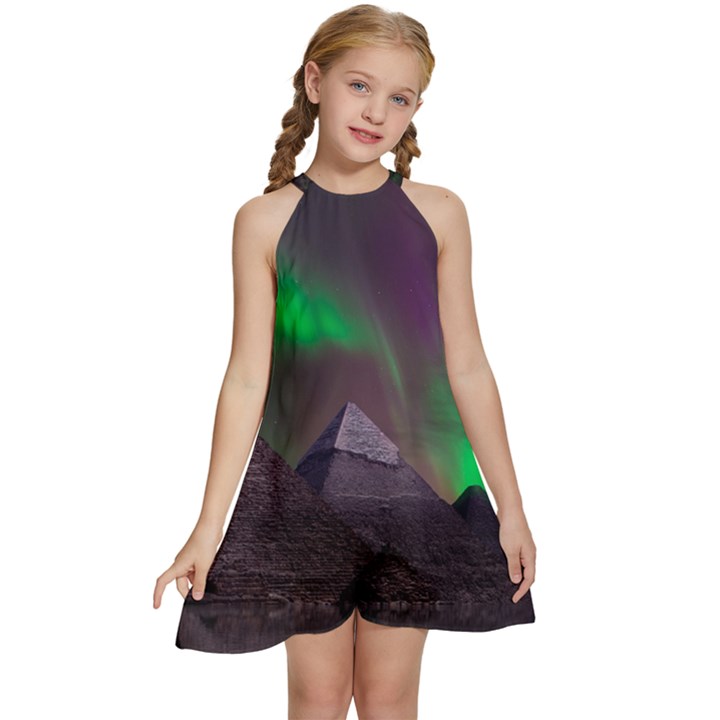 Aurora Northern Lights Celestial Magical Astronomy Kids  Halter Collar Waist Tie Chiffon Dress