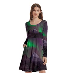 Aurora Northern Lights Celestial Magical Astronomy Long Sleeve Knee Length Skater Dress With Pockets by Grandong