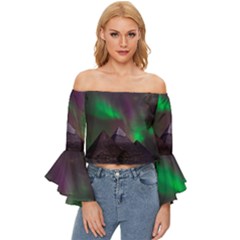 Fantasy Pyramid Mystic Space Aurora Off Shoulder Flutter Bell Sleeve Top by Grandong