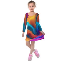 Colorful Fluid Art Abstract Modern Kids  Long Sleeve Velvet Dress by Ravend