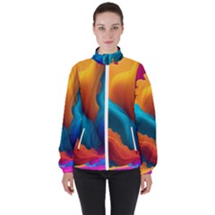 Colorful Fluid Art Abstract Modern Women s High Neck Windbreaker by Ravend