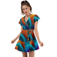 Colorful Fluid Art Abstract Modern Flutter Sleeve Wrap Dress by Ravend