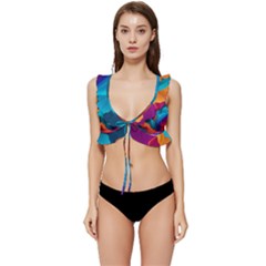 Colorful Fluid Art Abstract Modern Low Cut Ruffle Edge Bikini Top