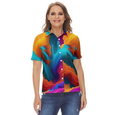 Colorful Fluid Art Abstract Modern Women s Short Sleeve Double Pocket Shirt by Ravend