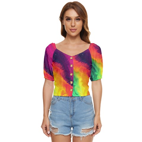 Rainbow Colorful Abstract Galaxy Button Up Blouse by Ravend