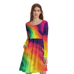 Rainbow Colorful Abstract Galaxy Long Sleeve Knee Length Skater Dress With Pockets by Ravend