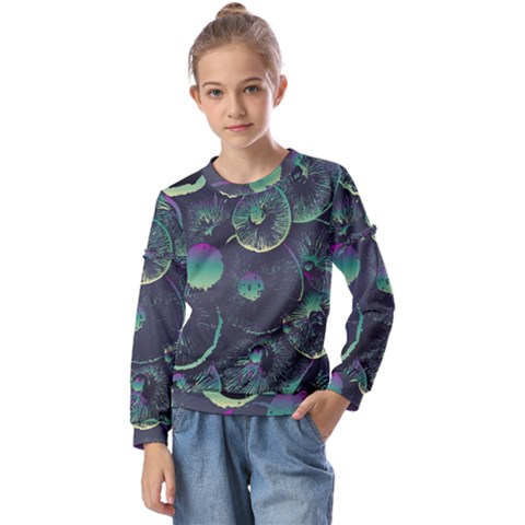 Psychedelic Mushrooms Background Kids  Long Sleeve T-shirt With Frill  by Ravend