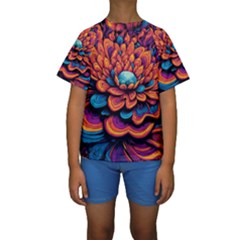 Flowers Painting Kids  Short Sleeve Swimwear by Ravend