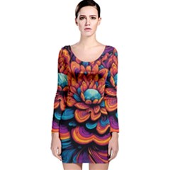 Flowers Painting Long Sleeve Velvet Bodycon Dress