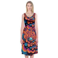 Flowers Painting Midi Sleeveless Dress by Ravend