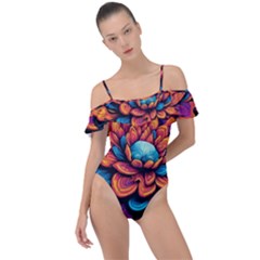 Flowers Painting Frill Detail One Piece Swimsuit by Ravend