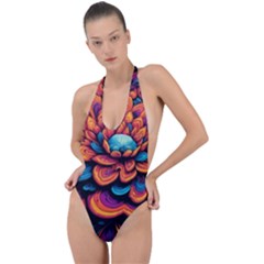 Flowers Painting Backless Halter One Piece Swimsuit by Ravend