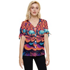 Flowers Painting Bow Sleeve Button Up Top by Ravend