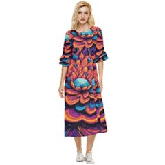 Flowers Painting Double Cuff Midi Dress by Ravend