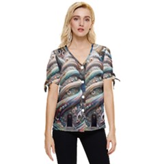 Fantasy Psychedelic Building Spiral Bow Sleeve Button Up Top by Ravend