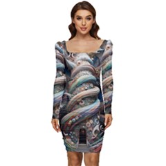 Fantasy Psychedelic Building Spiral Women Long Sleeve Ruched Stretch Jersey Dress by Ravend