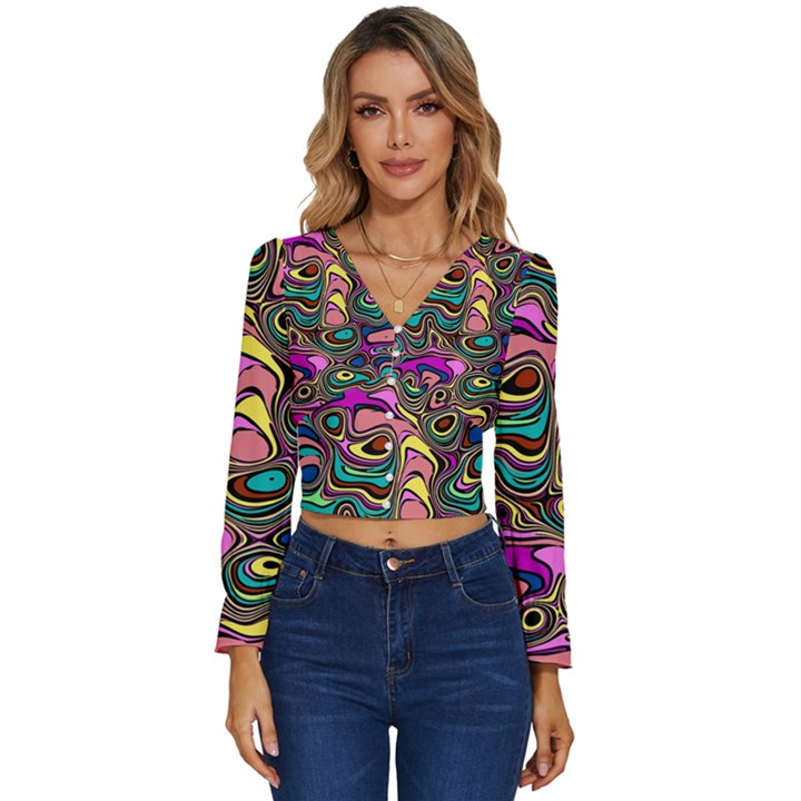 Bending Rotate Distort Waves Long Sleeve V-Neck Top