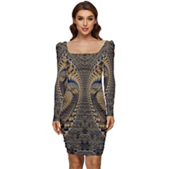 Fractal Spiral Infinite Psychedelic Women Long Sleeve Ruched Stretch Jersey Dress by Ravend