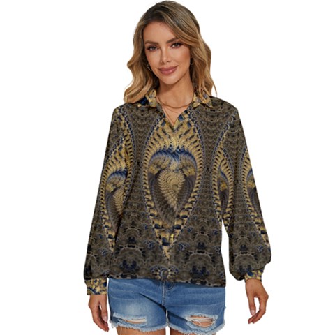 Fractal Spiral Infinite Psychedelic Women s Long Sleeve Button Up Shirt by Ravend