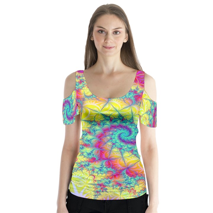 Fractal Spiral Abstract Background Butterfly Sleeve Cutout T-Shirt 