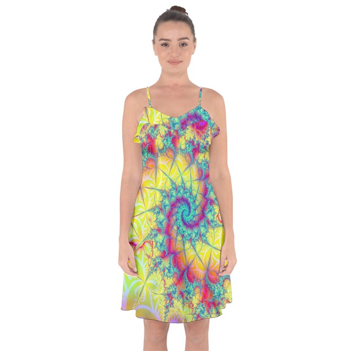 Fractal Spiral Abstract Background Ruffle Detail Chiffon Dress