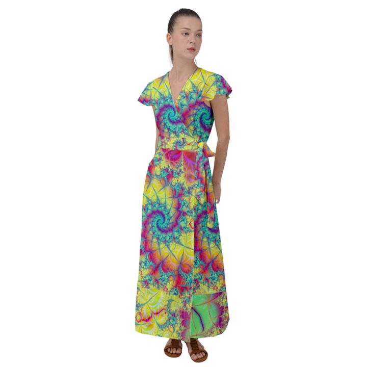 Fractal Spiral Abstract Background Flutter Sleeve Maxi Dress